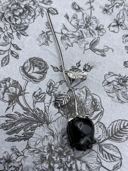 Black Obsidian Rose Carving on Stem (15cm)