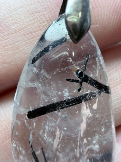 Black Tourmaline in Quartz Pendant with 925 Bail & Black Cord (3.4cm)