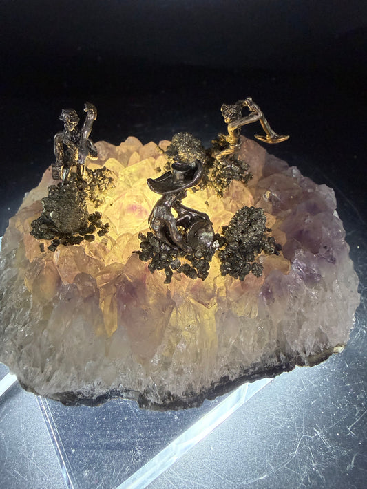 Amethyst Cluster with Pyrite Miner Figures – Collector Specimen Light Display