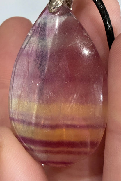 Rainbow Fluorite Teardrop Pendant with 925 Bail & Black Cord (4cm)