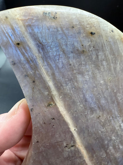 Blue Flash Moonstone with Sunstone Moon on Stand