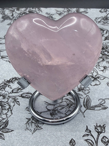 Rose Quartz Heart with Silver Stand – Self Love & Calm (215g | 7.2 × 7cm)