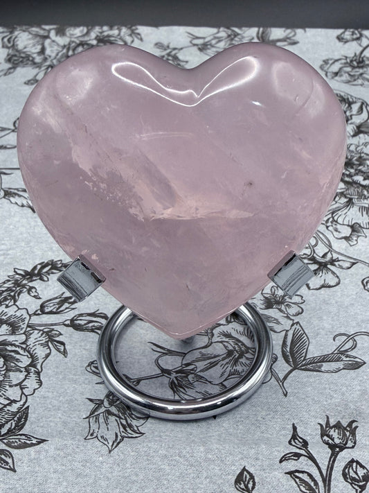 Rose Quartz Heart with Silver Stand – Self Love & Calm (215g | 7.2 × 7cm)