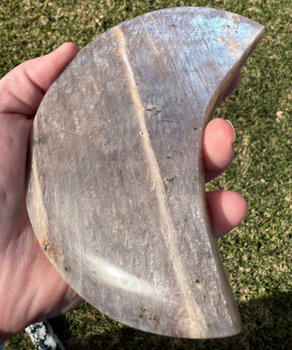 Blue Flash Moonstone with Sunstone Moon on Stand