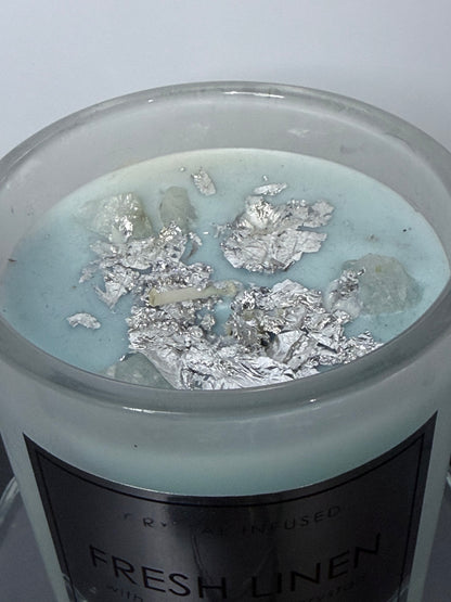 Crystal Infused Fresh Linen Soy Candle with Clear Quartz Crystals | 283g