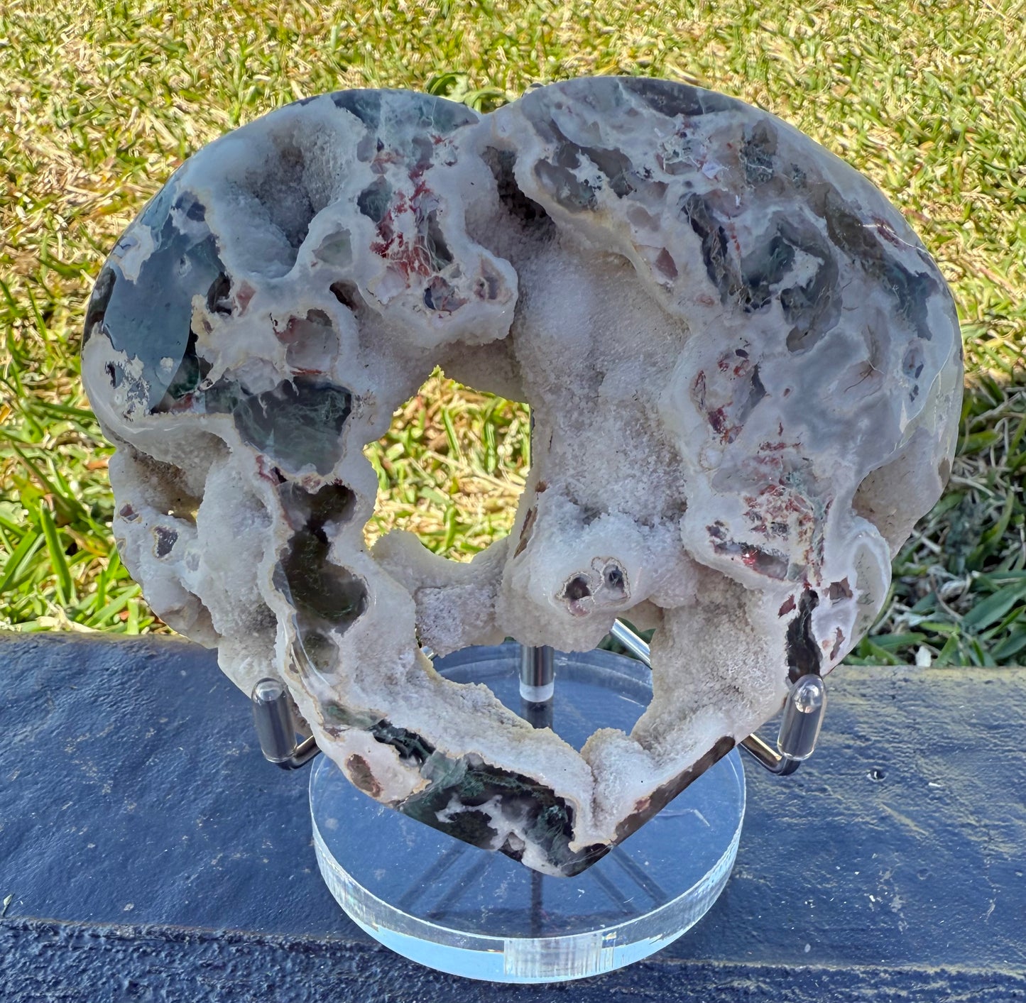 Unique Moss Agate Druzy Heart with Stand