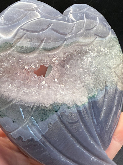 Stunning Agate Druzy Heart with Carved Feathers