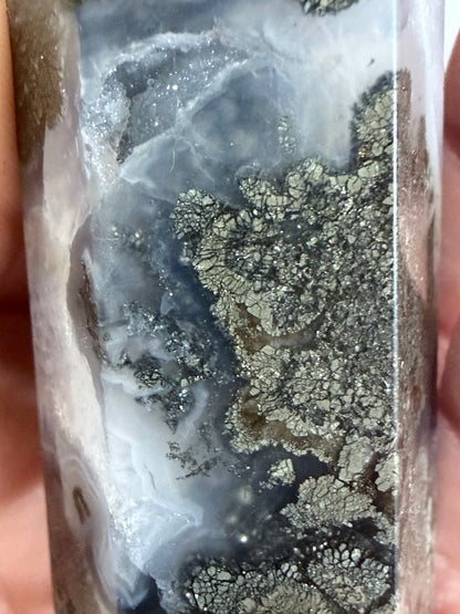 Marcasite in Agate Crystal Tower – 10cm | 123g
