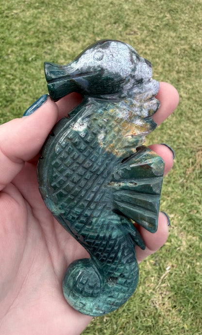 Ocean Jasper Seahorse on Silver Zodiac Stand 17cm on stand