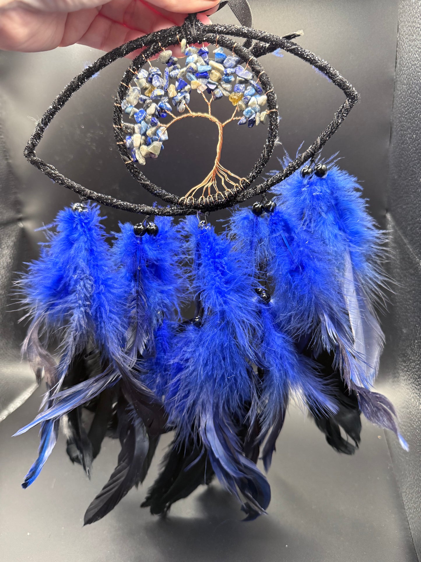 Blue & Black Dreamcatcher with Lapis Lazuli Tree of Life – 35cm