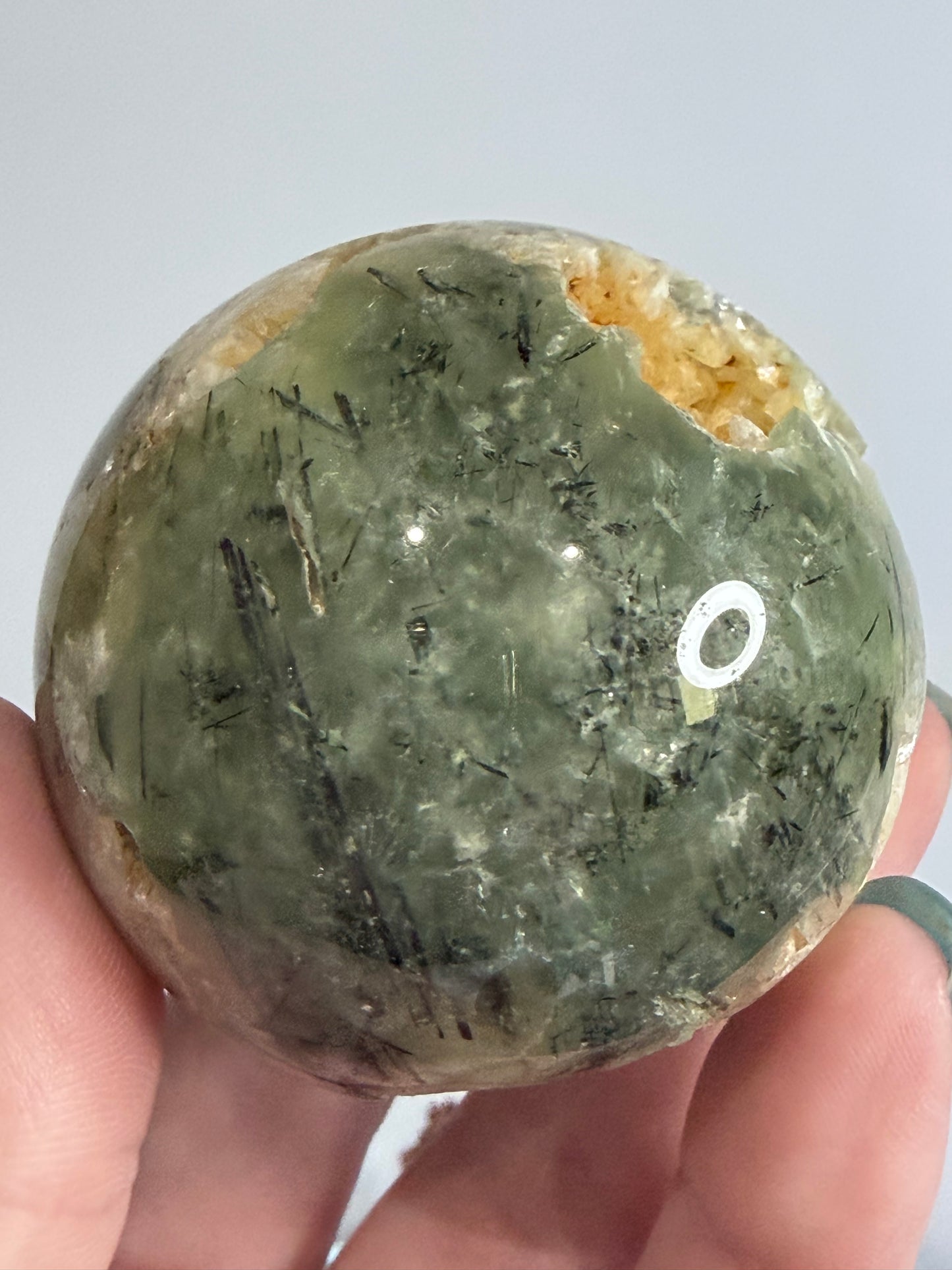 Prehnite with Epidote & Calcite Crystal Cave Sphere C - 5.7cm