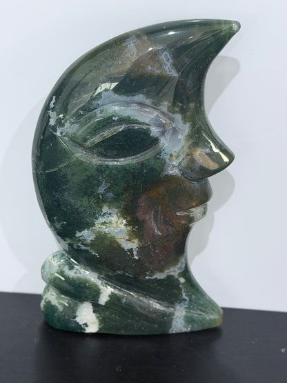 Moss Agate Moon Face Carving – 12.2cm