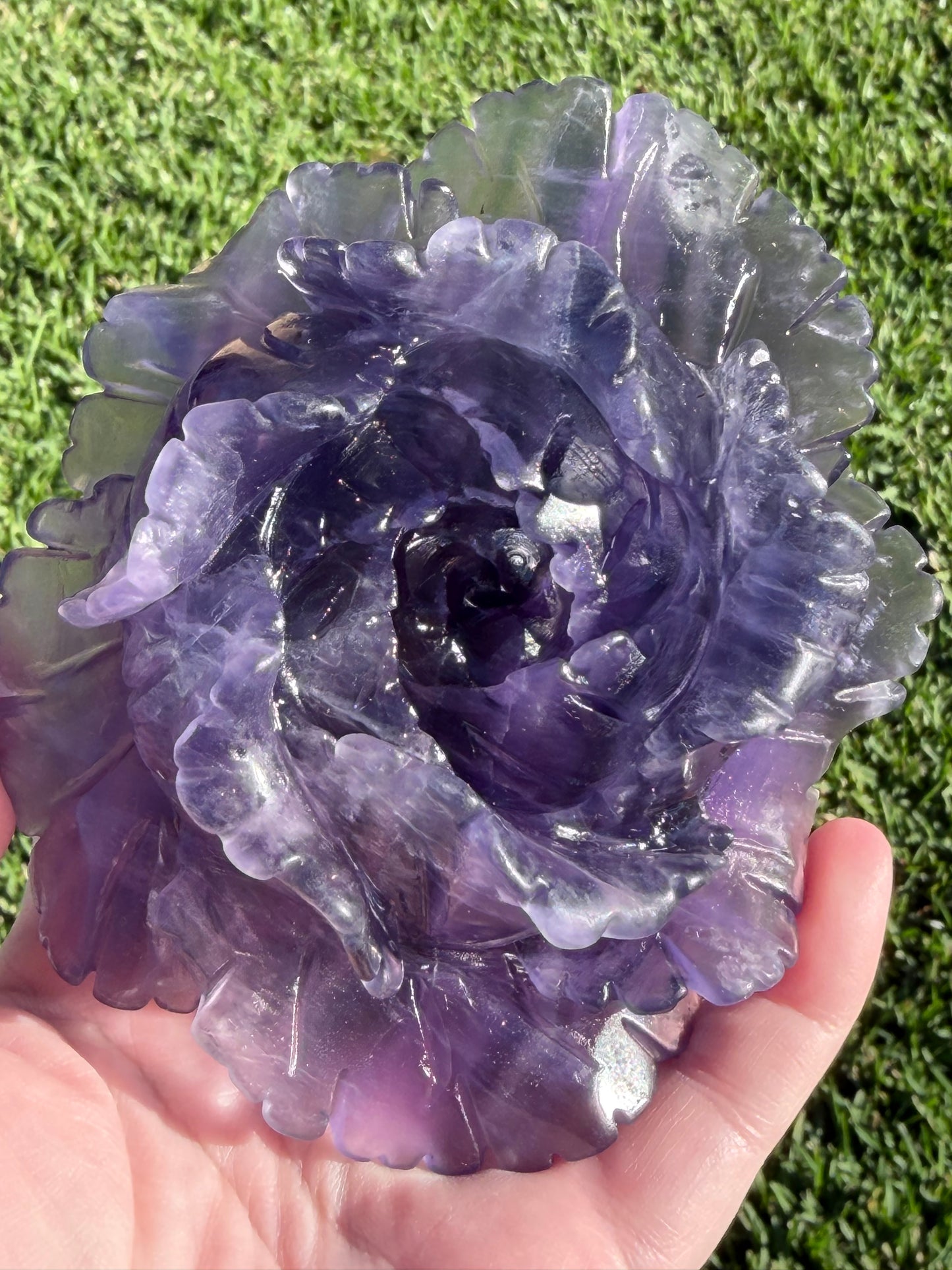 Rainbow Fluorite Rose Carving with Stand – 582g
