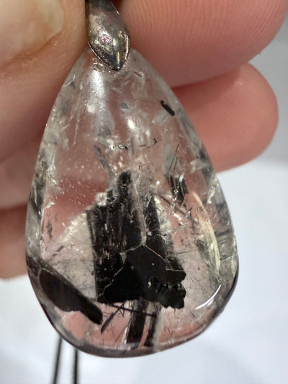 Black Tourmaline in Quartz Pendant with 925 Bail & Black Cord (3cm)