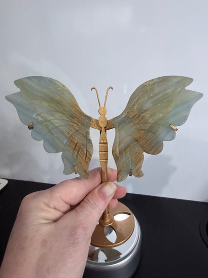 Blue Onyx (Banded Calcite) Butterfly Crystal Display on Stand – 16 cm
