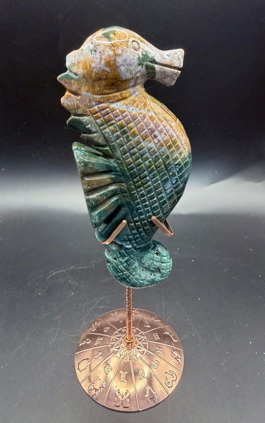Ocean Jasper Seahorse Carving on Zodiac Stand