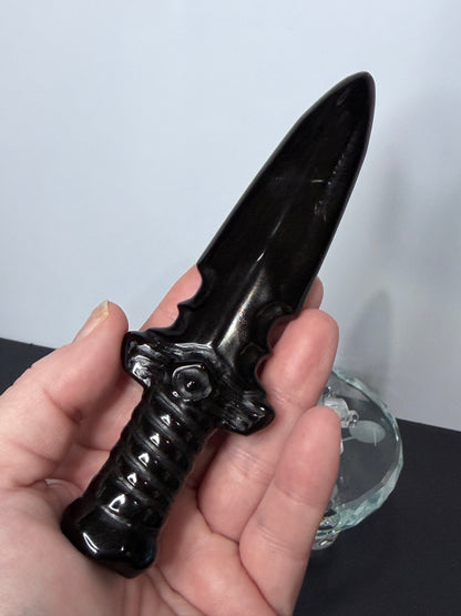 Black Obsidian Dagger Carving 15cm | Eye of Protection Crystal Sword