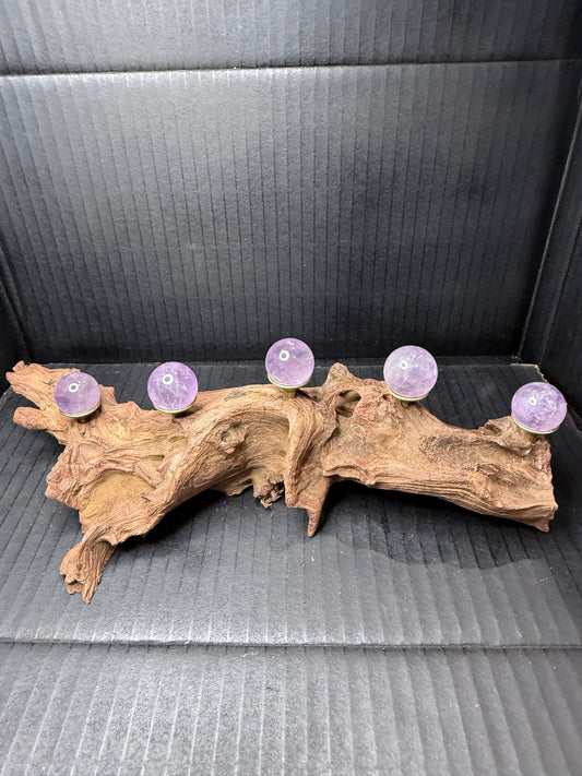 Amethyst Sphere Driftwood Display – Comes with 5 High-Quality Spheres