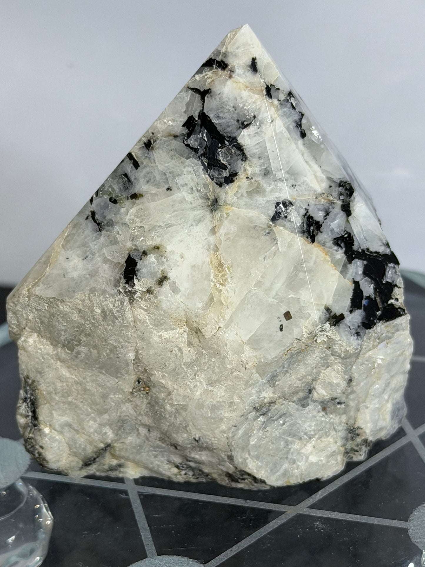 Rainbow Moonstone with Black Tourmaline & Pyrite Polished Point – 228g