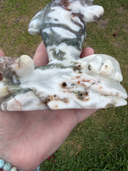 Moss Agate Dolphin Carving — 762g
