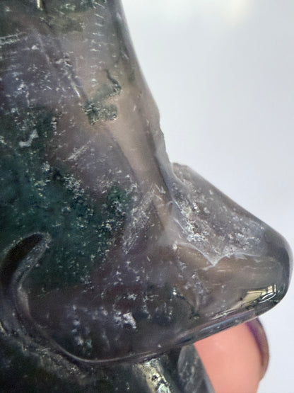 Moss Agate Moon Face Carving – 12cm