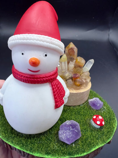 Snowman Christmas Lamp with Golden Healer Crystal Cluster