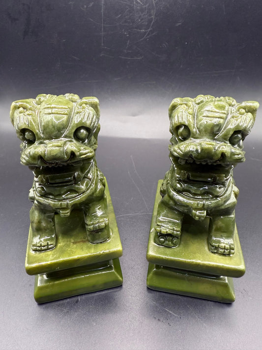 Serpentine (Green Jade) Foo Dogs – Pair