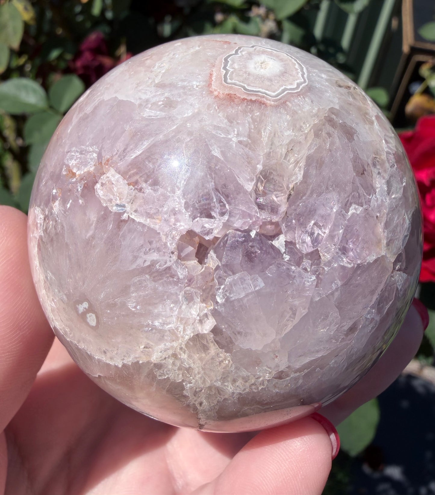 Premium Flower Agate Sphere with Druzy & Crystal Garden – 7 cm | 445g
