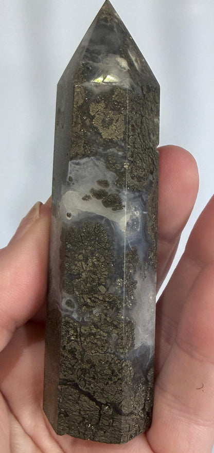 Marcasite in Agate Crystal Tower – 10cm | 123g