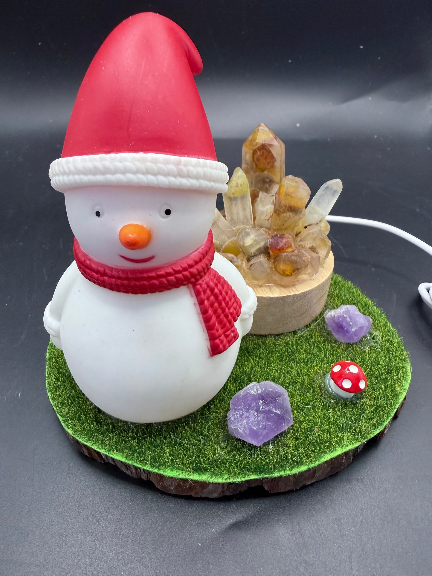 Snowman Christmas Lamp with Golden Healer Crystal Cluster