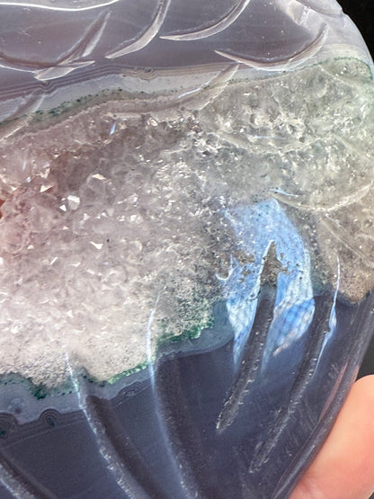 Stunning Agate Druzy Heart with Carved Feathers