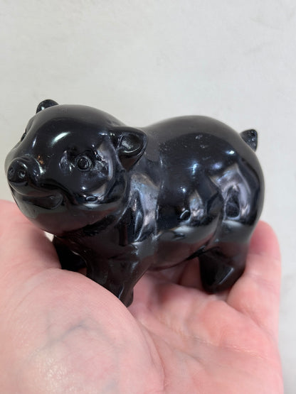 Black Obsidian Pig Carving – 9.5 cm