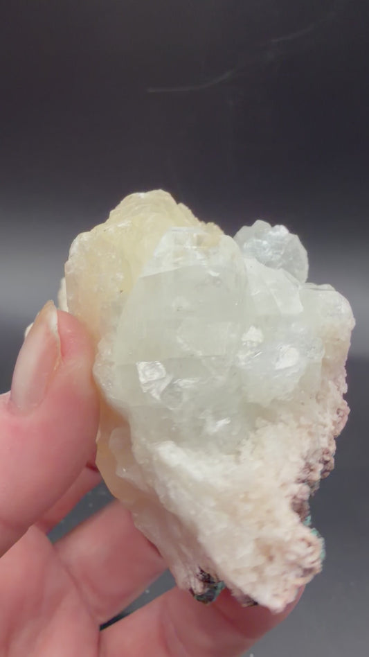 Stilbite on Apophyllite with Chrysocolla on Back