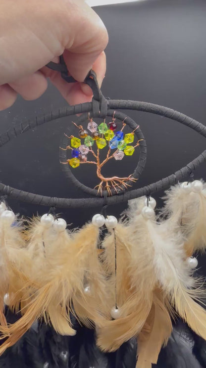 Tree of Life Dreamcatcher with Golden & Black Feathers – 37cm